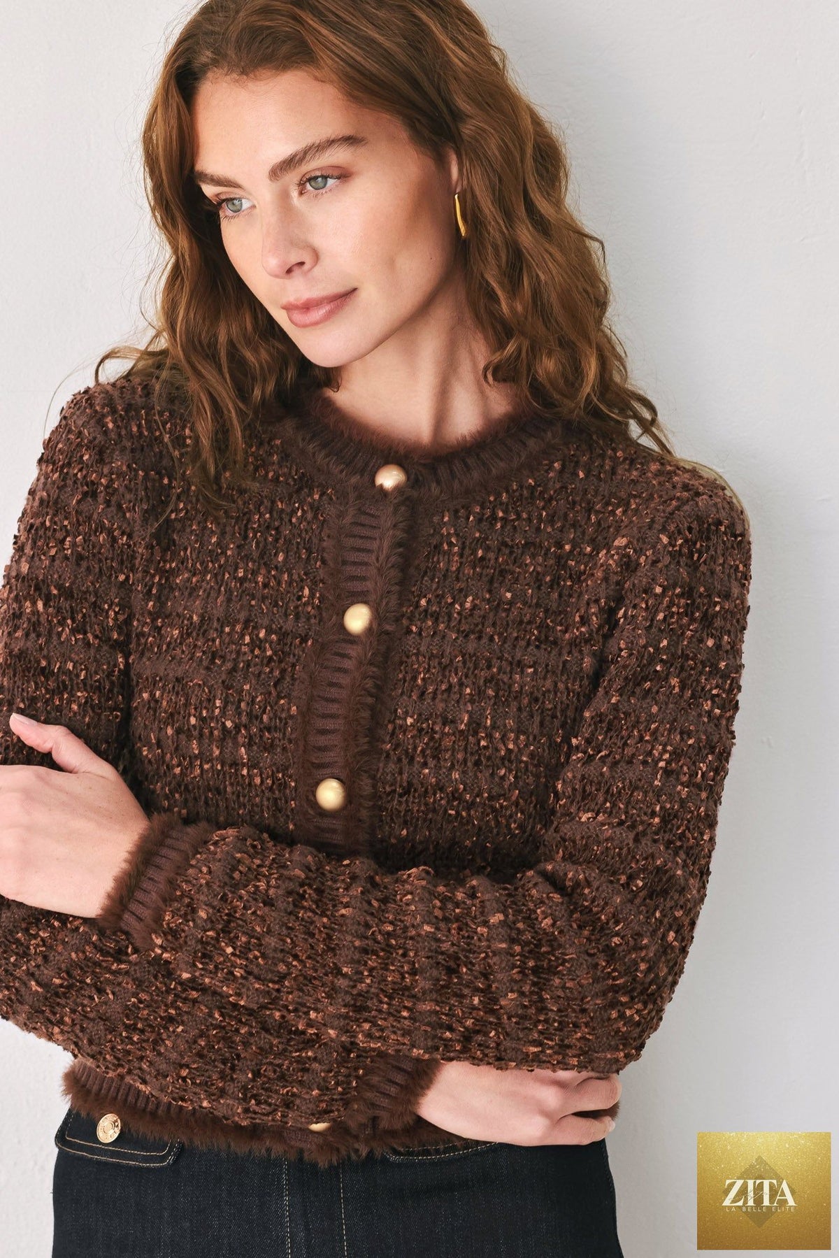 GEMSTONE GLOW BROWN JEWEL-BUTTON CROPPED CARDIGAN