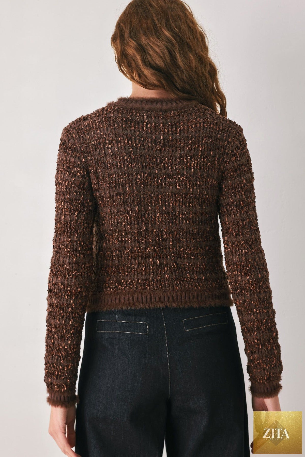 GEMSTONE GLOW BROWN JEWEL-BUTTON CROPPED CARDIGAN