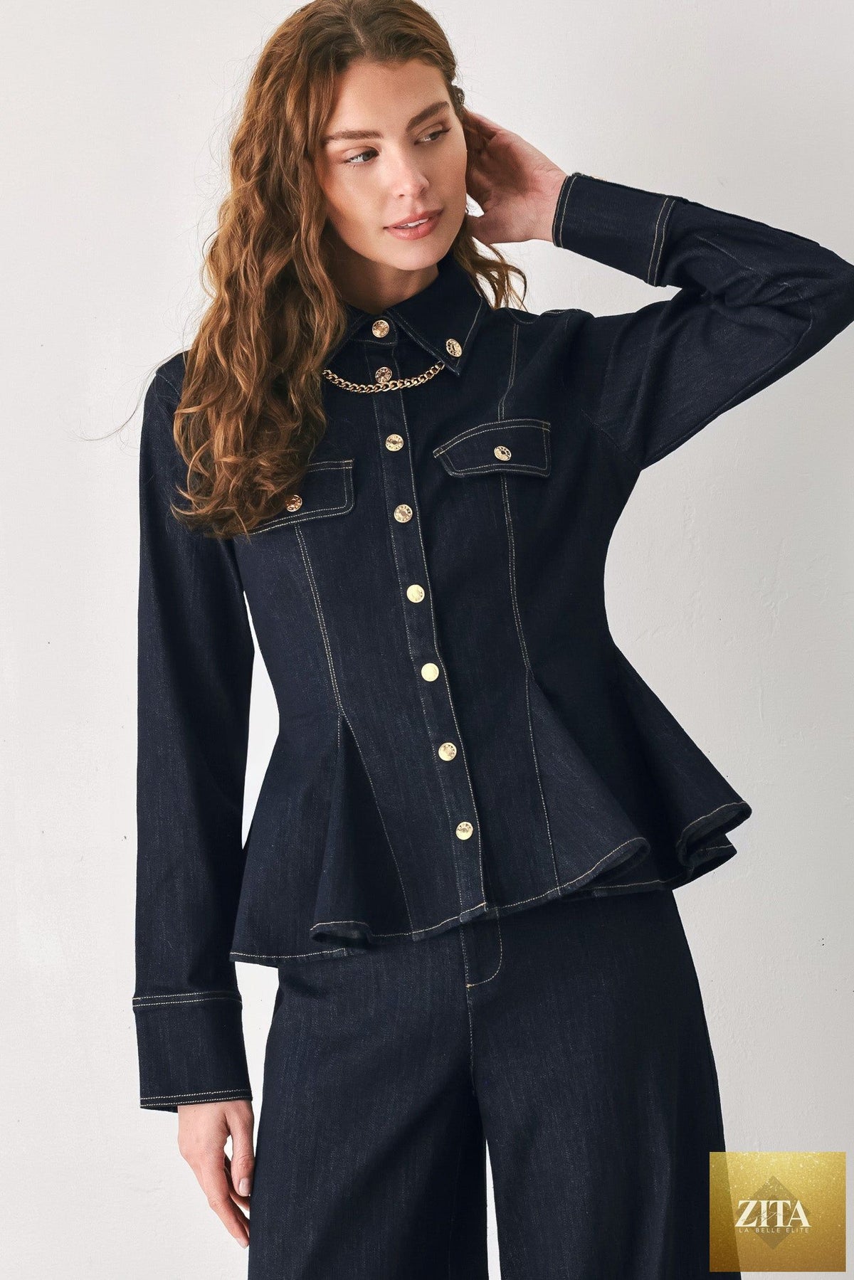 INDIGO ICON DARK INDIGO CHAIN-DETAIL PEPLUM DENIM TOP