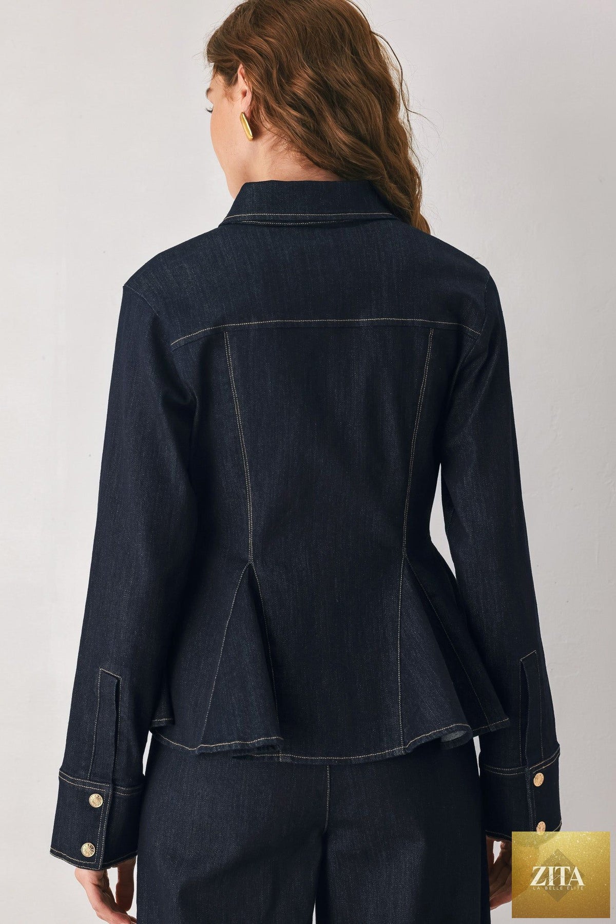 INDIGO ICON DARK INDIGO CHAIN-DETAIL PEPLUM DENIM TOP