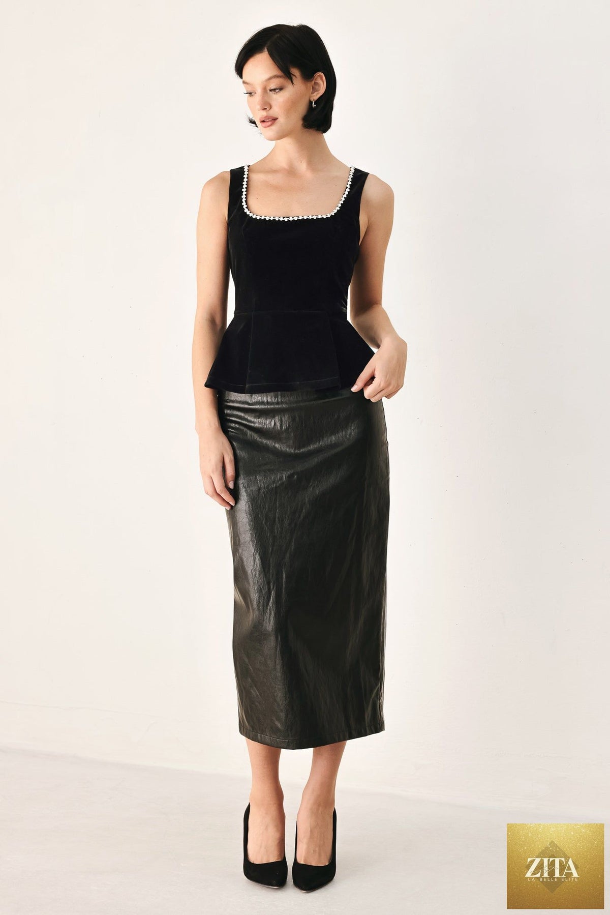 MIDNIGHT GLAM JEWELED VELVET PEPLUM TOP
