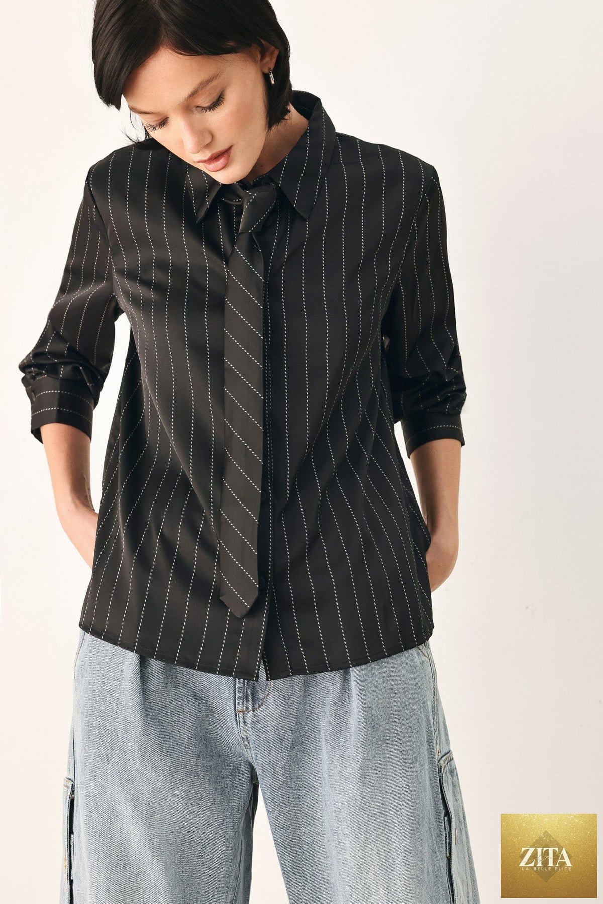 CITY AFTER DARK TIE FRONT STRIPED TOP