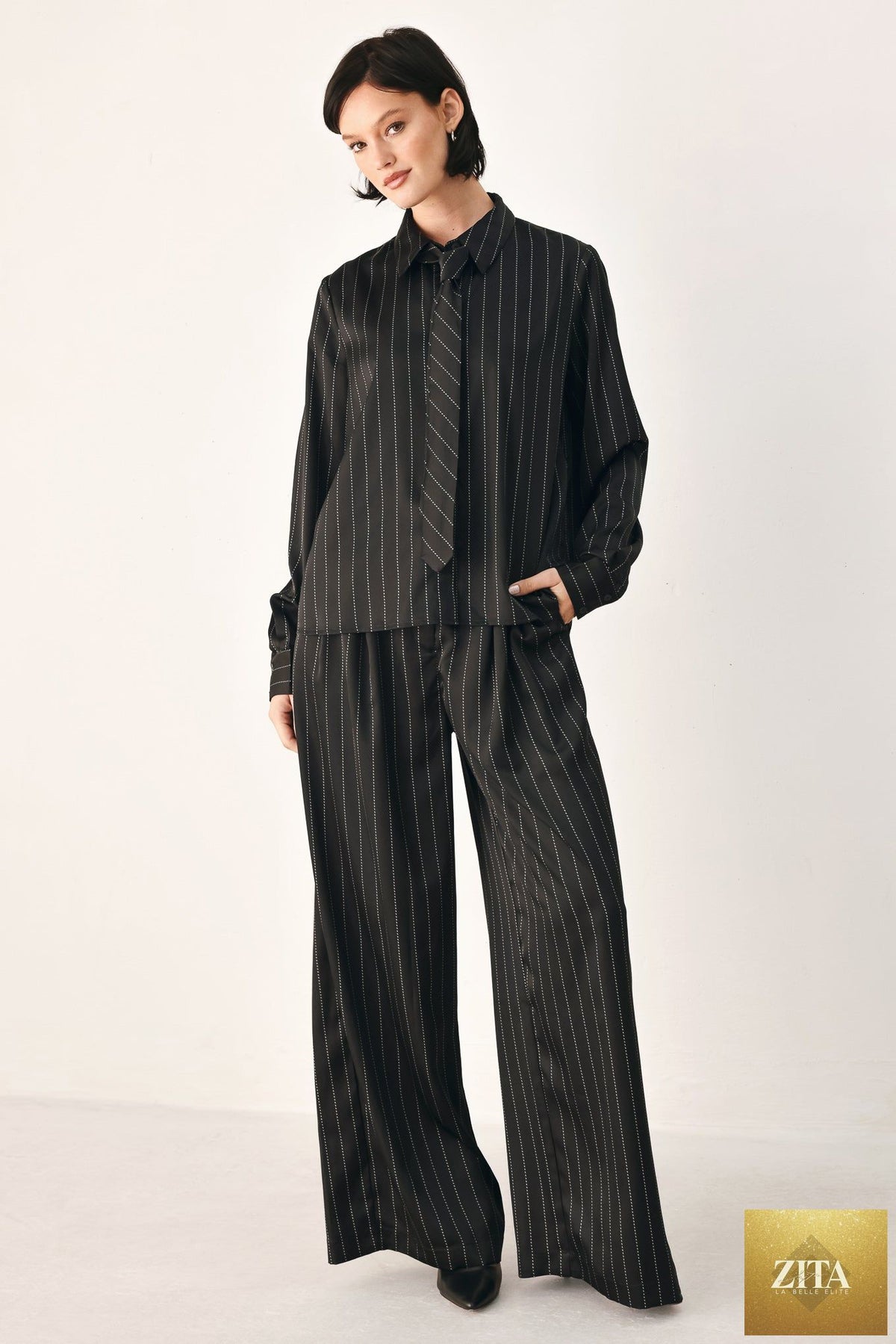 CITY AFTER DARK TIE FRONT STRIPED TOP