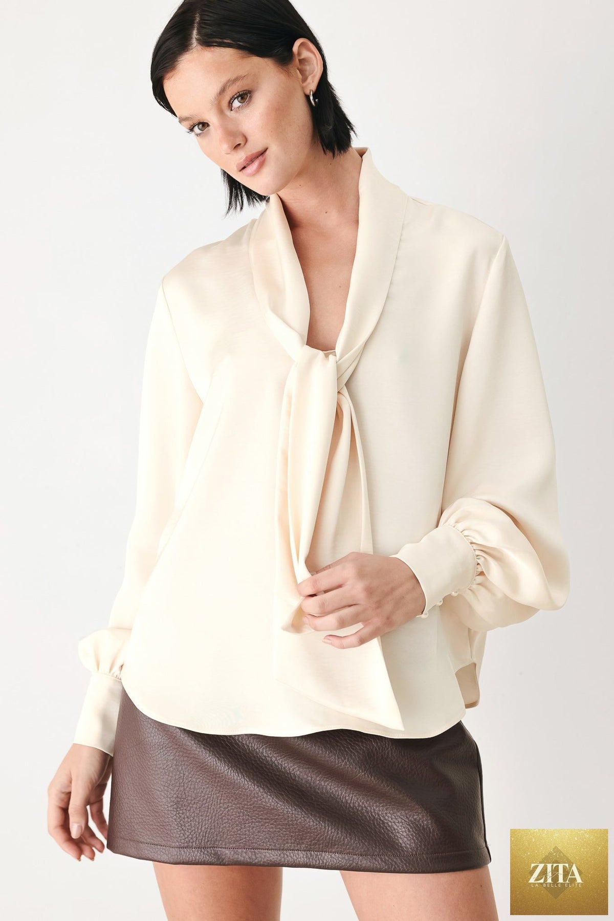 CHAMPAGNE WISHES TIE FRONT BLOUSE