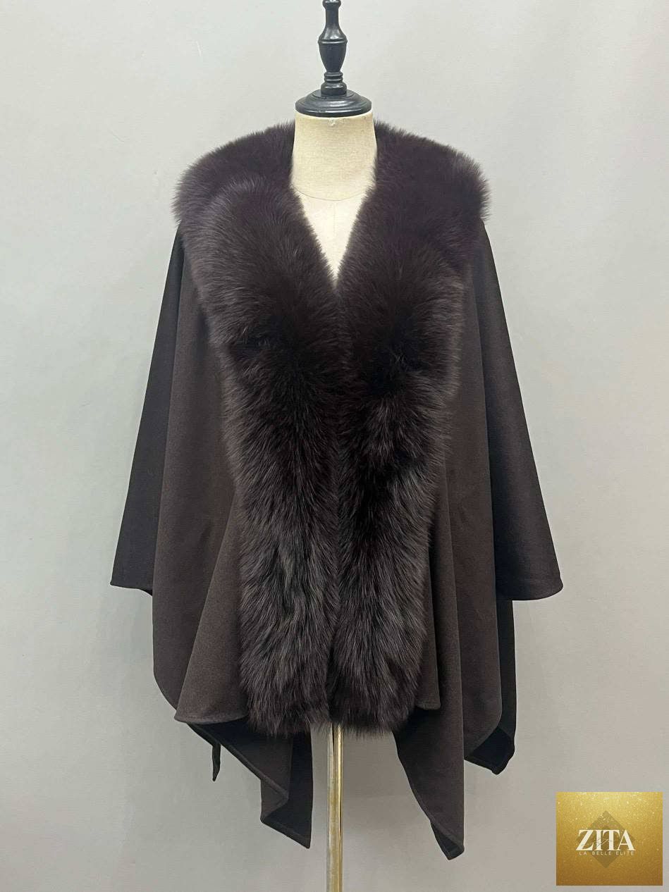 Luxurious fox fur and cashmere cape by Zita La Belle Elite, featuring soft, plush fur with elegant design and fine craftsmanship.