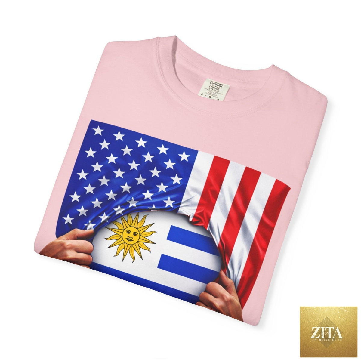 Folded Latinos 4 The World Uruguay and USA flag pride T-shirt made of heavyweight cotton, featuring a rip design, perfect for 4th of July.