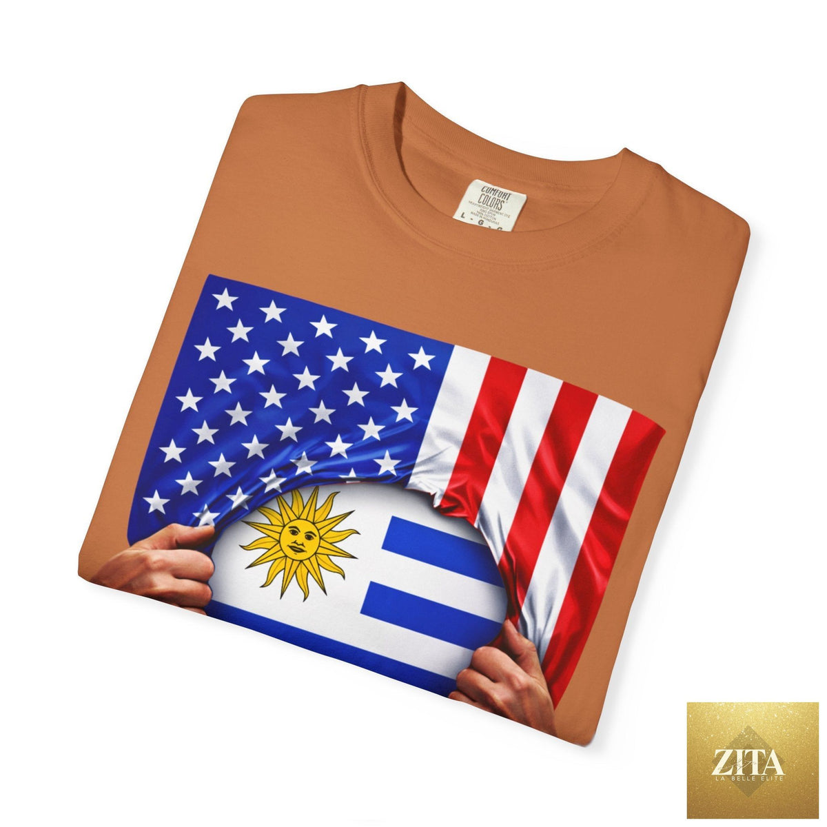 Folded Latinos 4 The World Uruguay and USA flag pride T-shirt, heavyweight cotton, featuring patriotic flag designs.