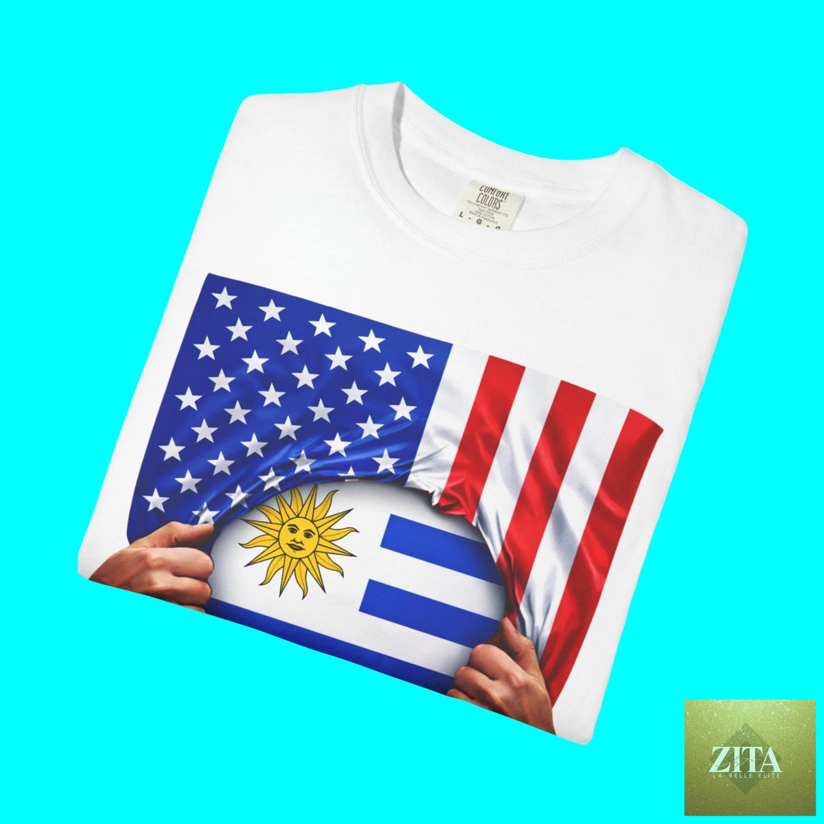 Folded Latinos 4 The World Uruguay and USA flag pride T-shirt made of heavyweight cotton, featuring a rip design for 4th of July.