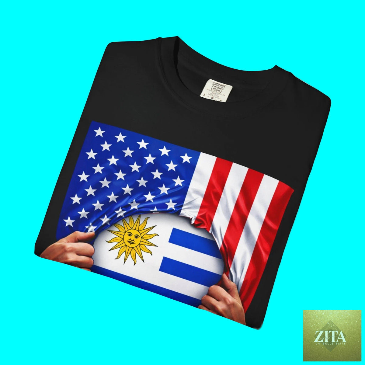 Folded Latinos 4 The World Uruguay and USA flag pride T-shirt made of heavyweight cotton, featuring a rip design for 4th of July.