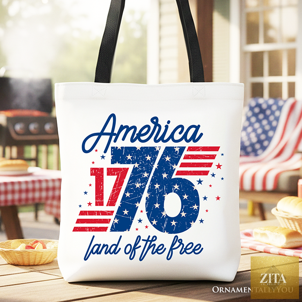 America 1776 Land of the Free tote bag with vintage 4th of July design and patriotic graphics, made by OrnamentallyYou.