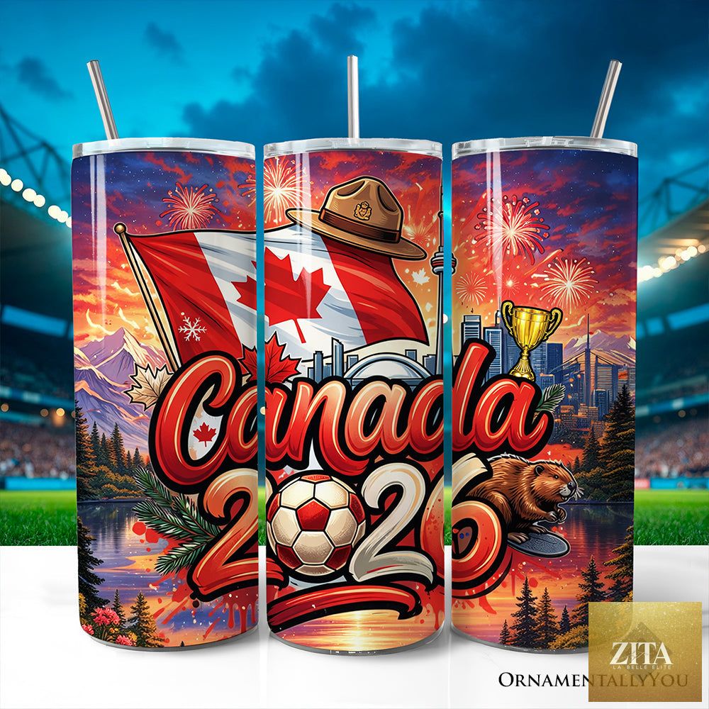 Zita La Belle Elite 20oz Canada 2026 Soccer Cup tumbler with lid and stainless steel straw, featuring fans football design.