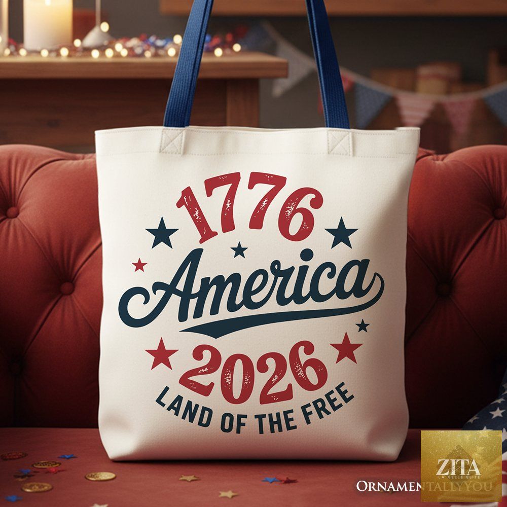 Patriotic America 1776-2026 Land of the Free canvas tote bag with American flag design, perfect for Independence Day celebrations.