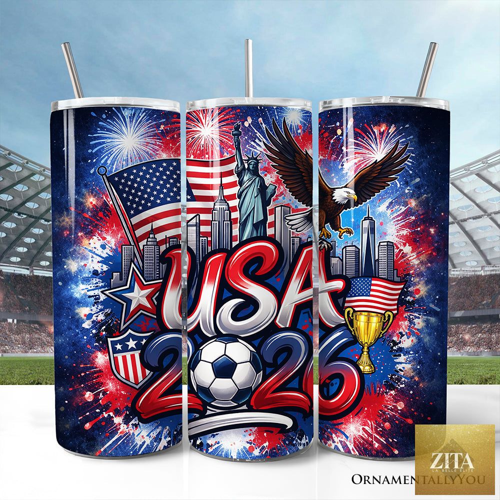 USA 2026 Soccer Cup tumbler with lid and stainless steel straw, featuring fans football design for the global championship.