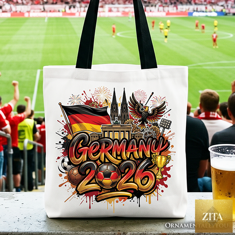 White tote bag with Germany 2026 Soccer Cup logo and black accents, featuring a spacious design perfect for football fans.