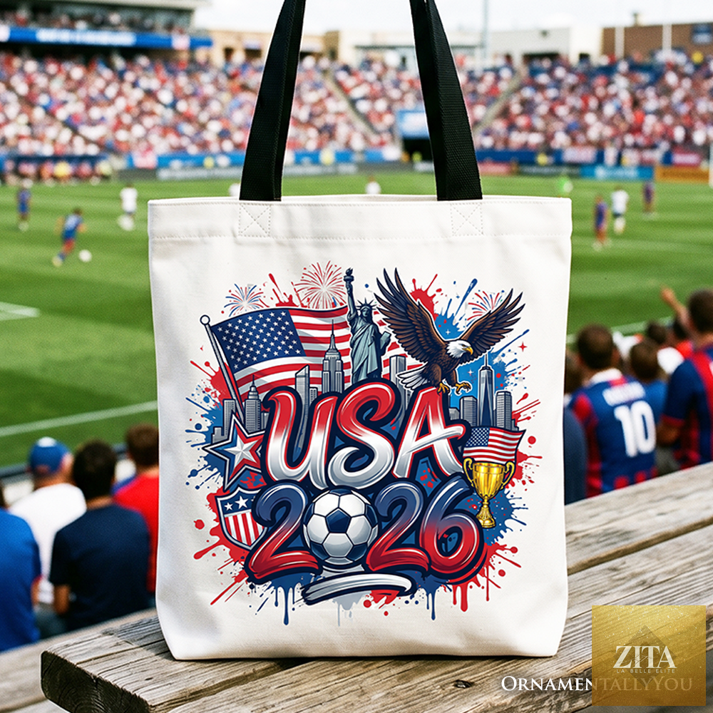 White and black USA 2026 Soccer Cup tote bag with global championship logo, perfect for fans and football gift shoppers.