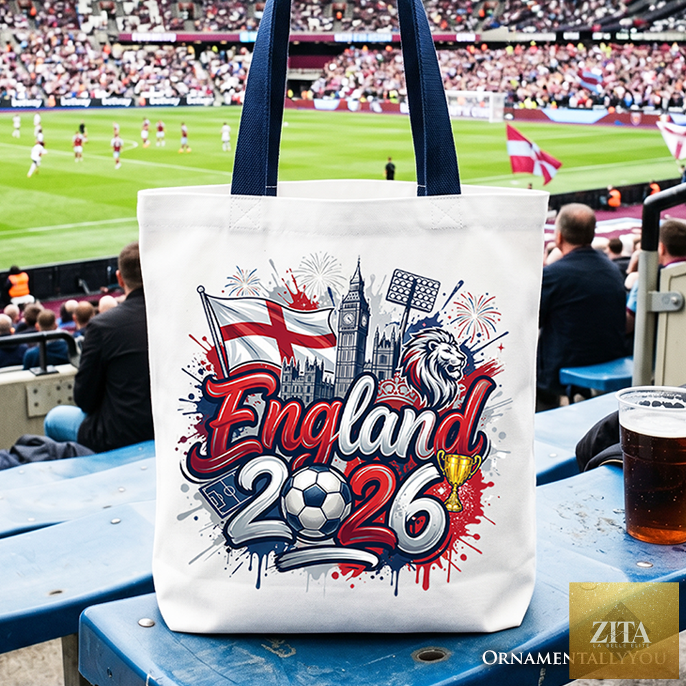 White and navy England 2026 Soccer Cup tote bag by OrnamentallyYou, featuring global championship and football fan design.