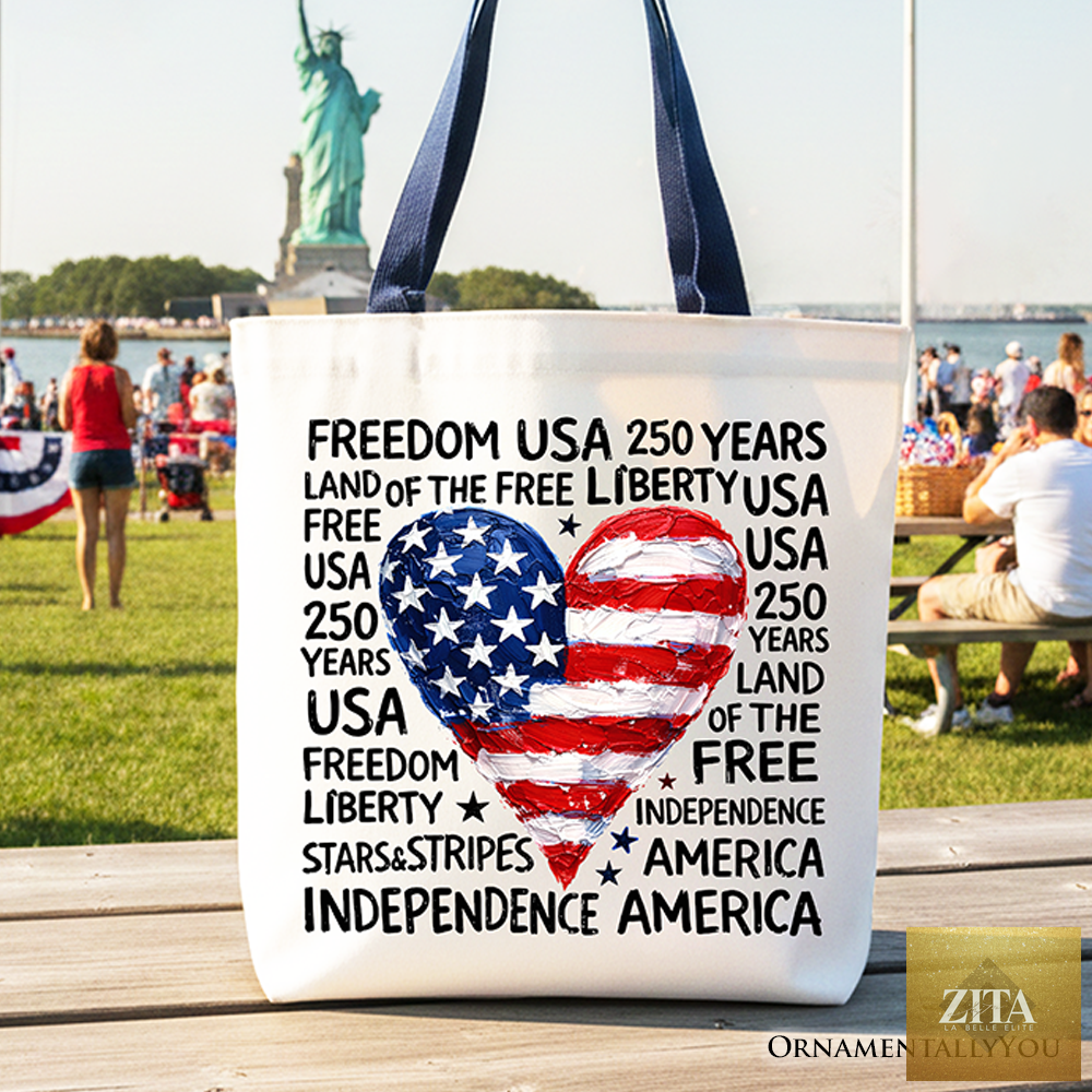 White and navy USA 250 heart patriotic tote bag by OrnamentallyYou featuring a retro 4th of July design, perfect for summer outings.