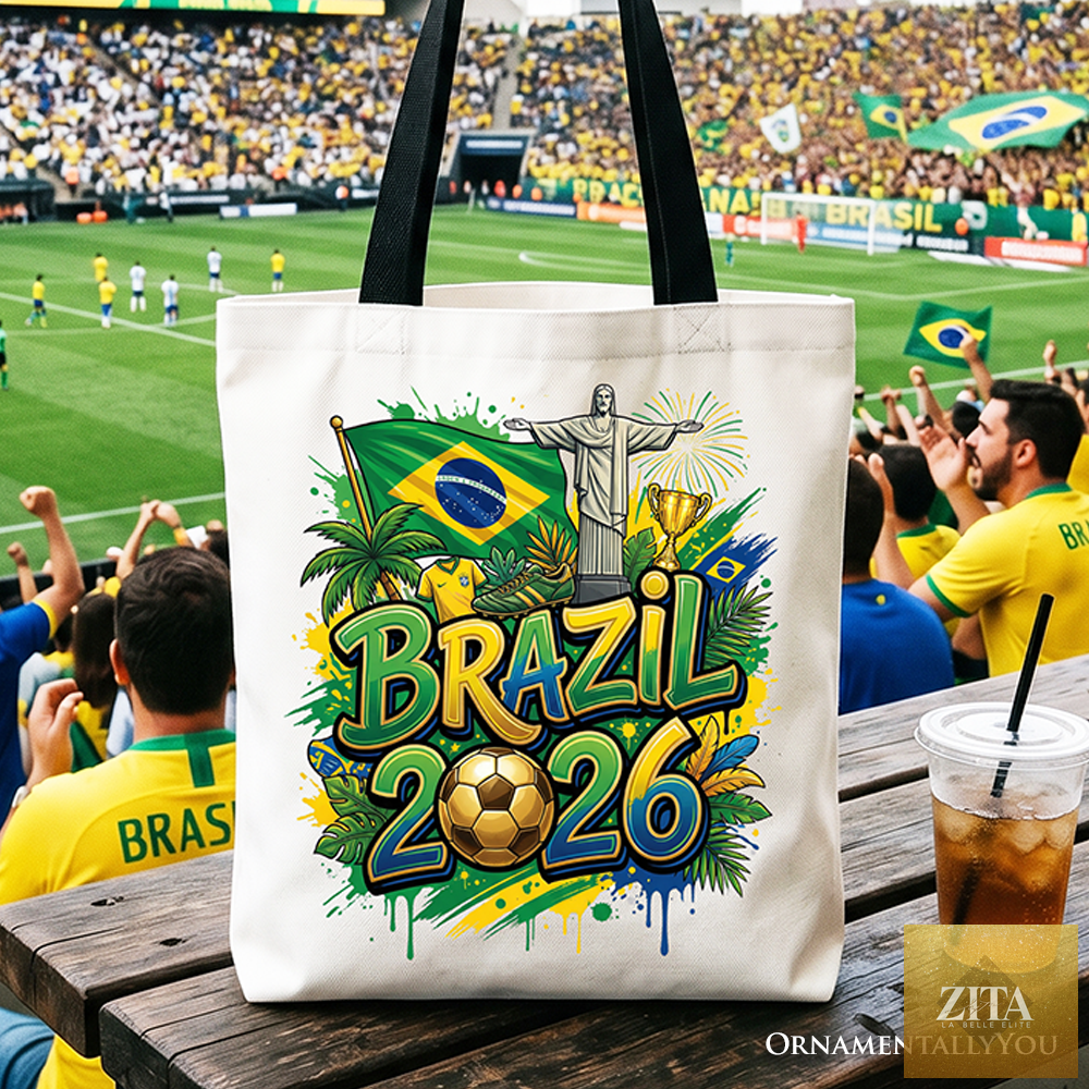 White Brazil 2026 Soccer Cup tote bag by OrnamentallyYou featuring global championship graphics, ideal for football fans and shoppers.