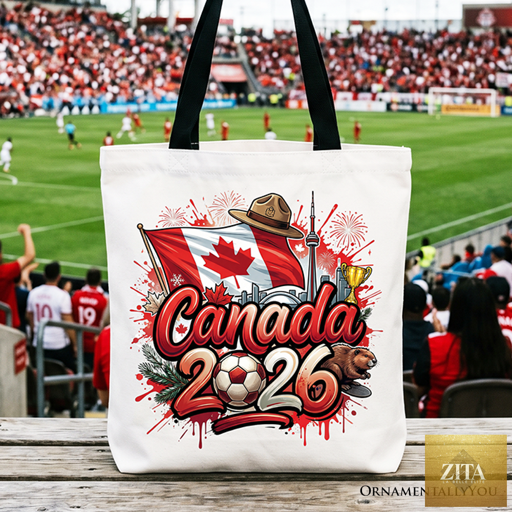 White Canada 2026 Soccer Cup tote bag by OrnamentallyYou featuring global championship graphics and football-themed design.