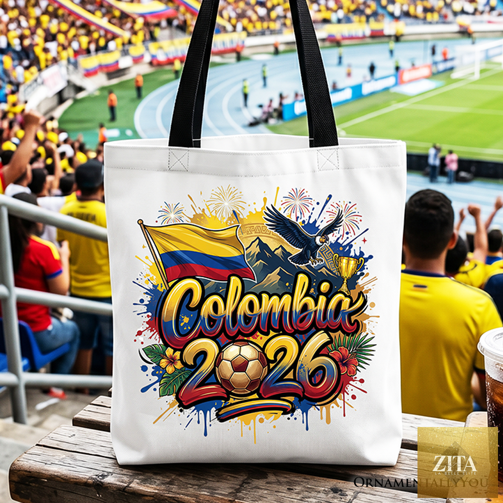 White Colombia 2026 Soccer Cup tote bag with black accents, featuring tournament graphics, ideal for fans and football gift shoppers.