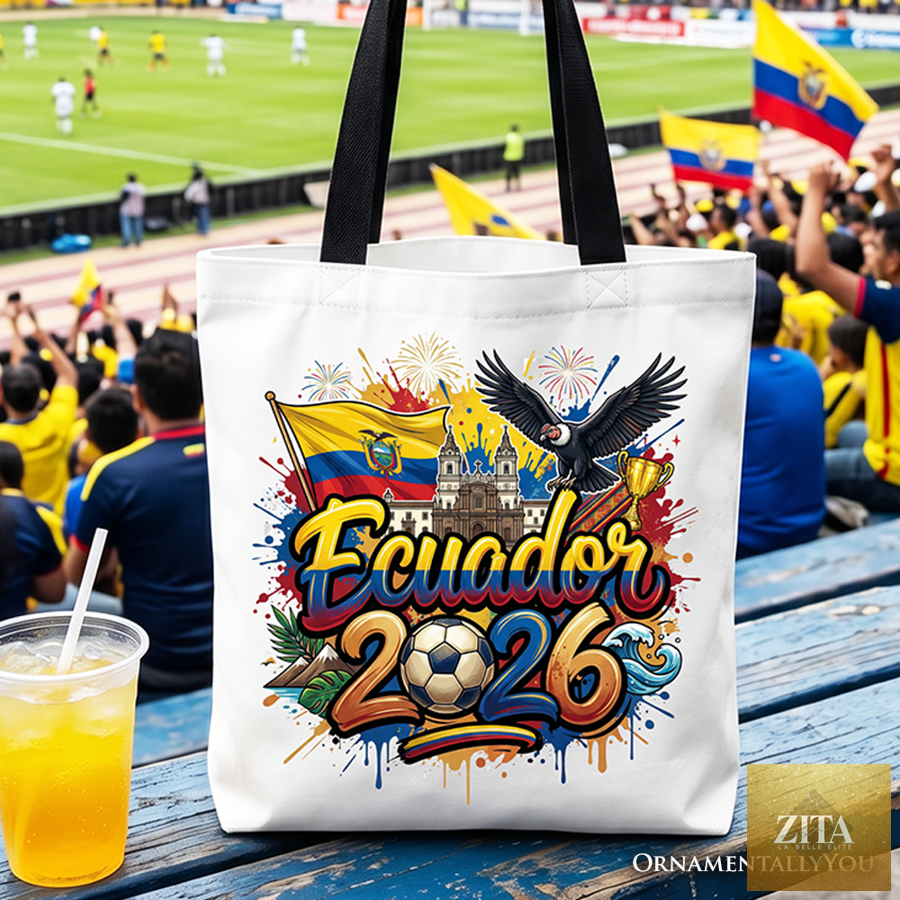 White Ecuador 2026 Soccer Cup tote bag by OrnamentallyYou featuring black logo and design, perfect for football fans and shopping.