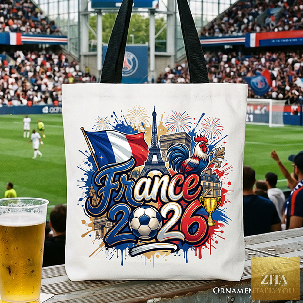 White France 2026 Soccer Cup tote bag by OrnamentallyYou featuring black graphics, perfect for football fans and sports gifts.