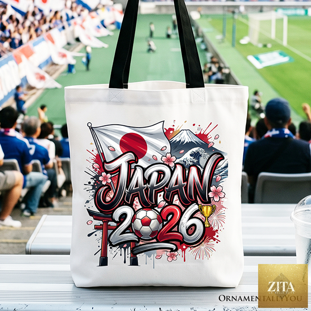 White Japan 2026 Soccer Cup tote bag by OrnamentallyYou with black graphic design, perfect for fans and soccer enthusiasts.