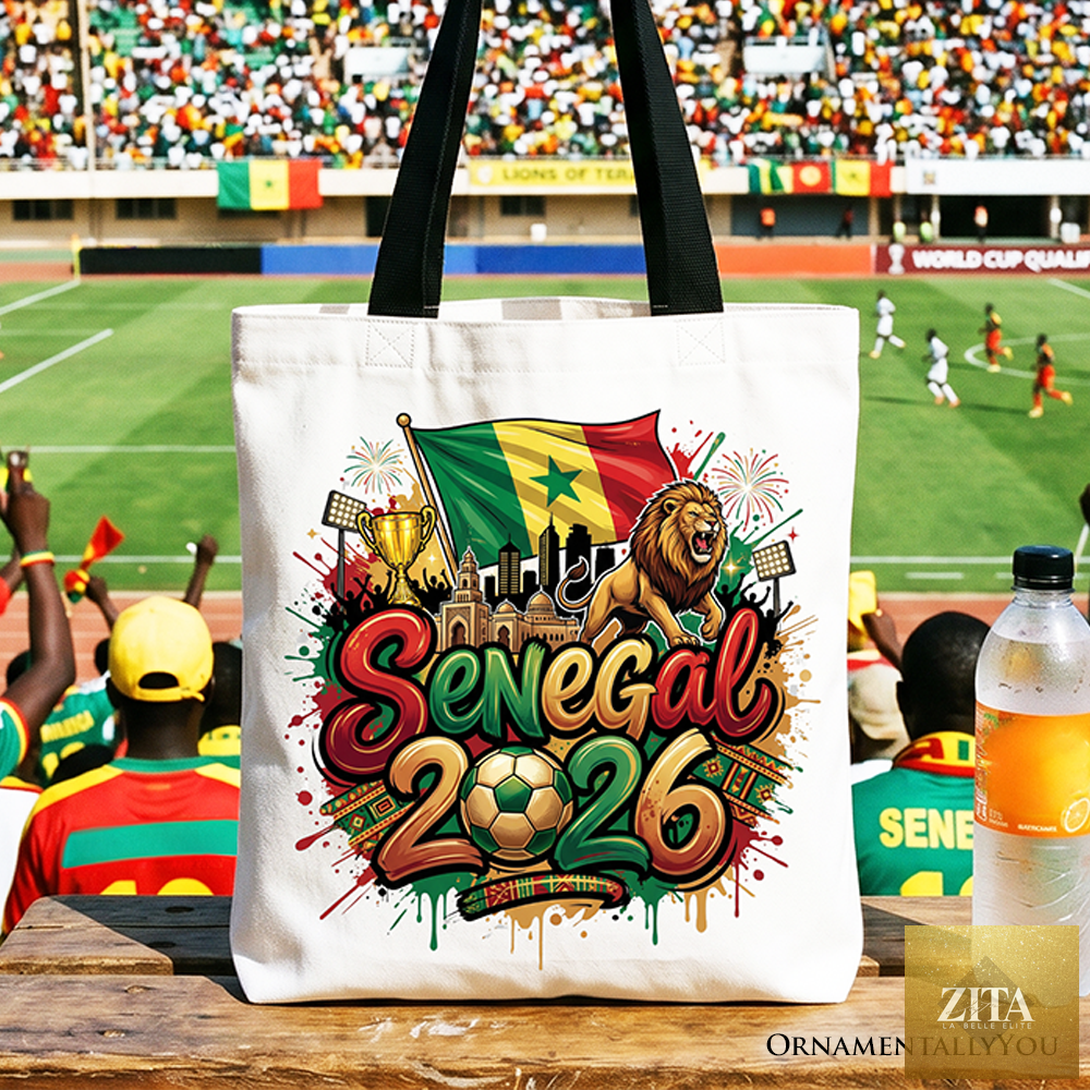 White Senegal 2026 Soccer Cup tote bag by OrnamentallyYou with black accents, featuring football-themed design for fans and shoppers.