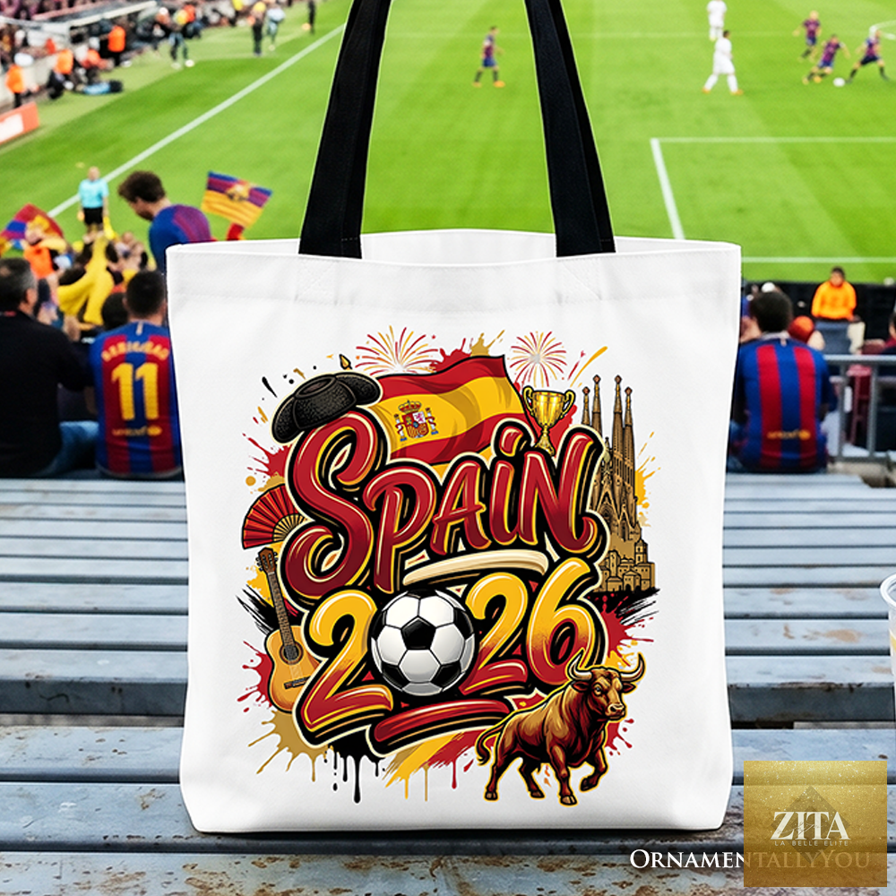 White Spain 2026 Soccer Cup tote bag by OrnamentallyYou featuring football-themed design for fans and sports enthusiasts.