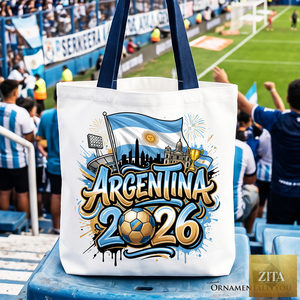 White and navy Argentina 2026 Soccer Cup tote bag by OrnamentallyYou, featuring global championship and football fan design.