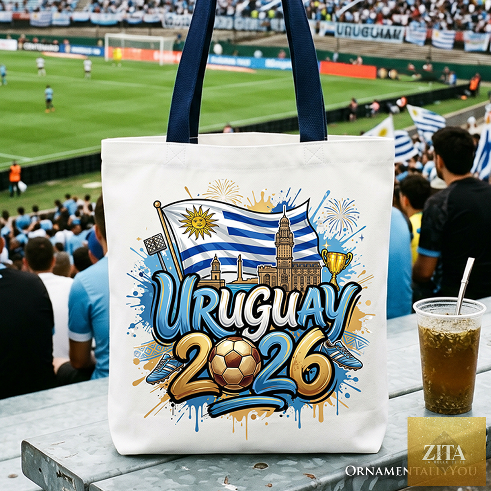 White and navy Uruguay 2026 Soccer Cup tote bag by Zita La Belle Elite, featuring national team graphics for football fans.