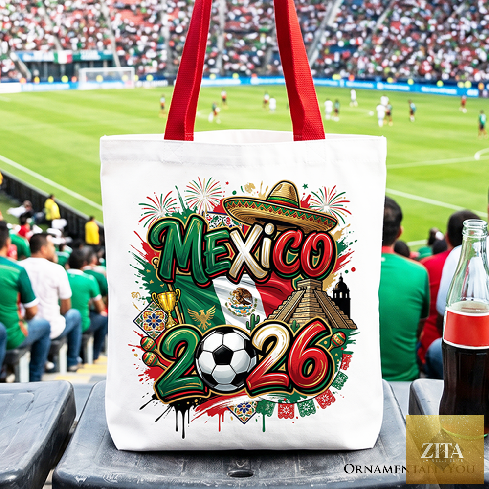White Mexico 2026 Soccer Cup tote bag by OrnamentallyYou featuring football-themed design, perfect for fans and gift shoppers.