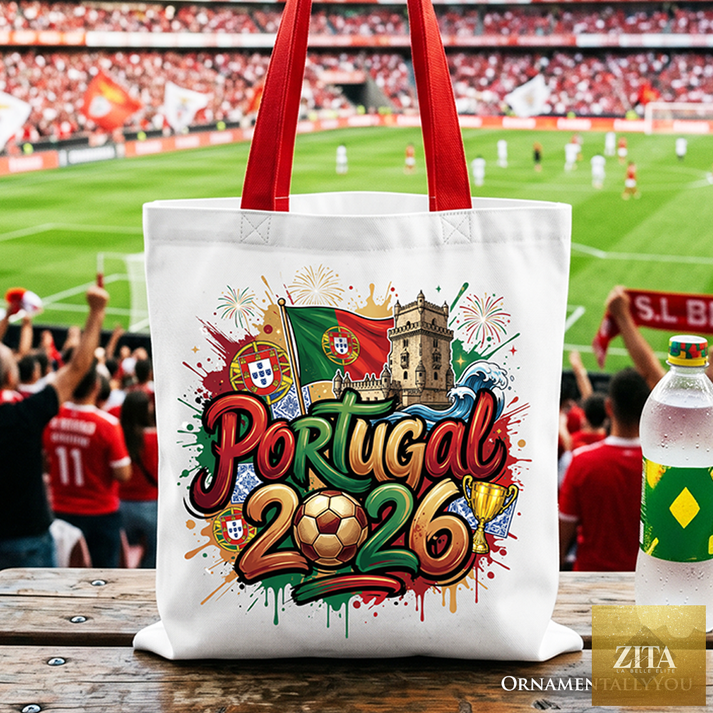 White Portugal 2026 Soccer Cup tote bag featuring red accents, ideal for fans and football gift shoppers.