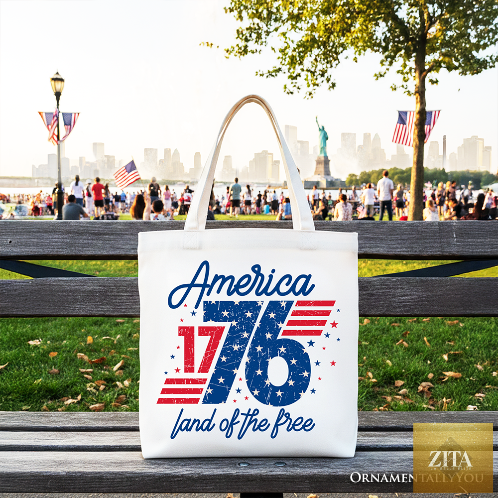 Vintage America 1776 Land of the Free tote bag by Zita La Belle Elite featuring patriotic 4th of July design and bold text.