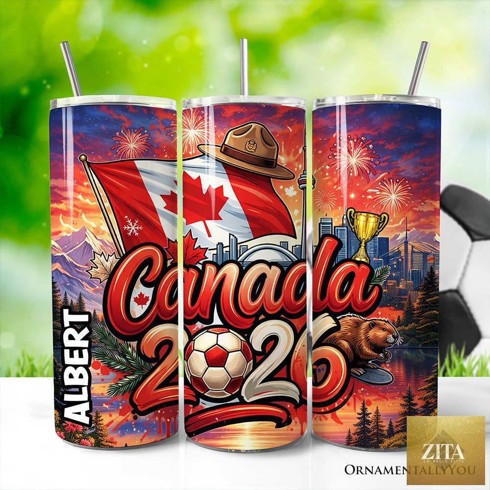 Zita La Belle Elite Canada 2026 Soccer Cup 20oz tumbler with lid and stainless steel straw, featuring football fan design.