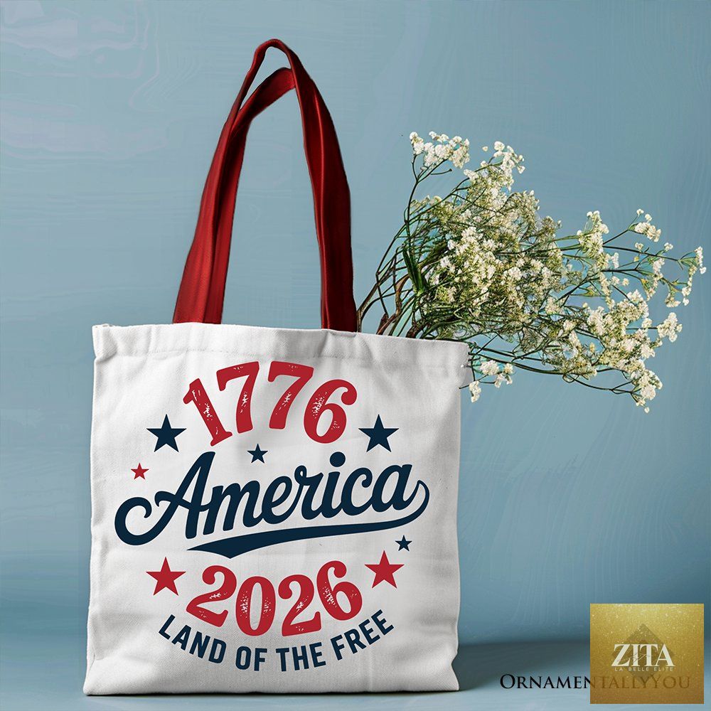 Patriotic America 1776-2026 canvas tote bag with patriotic design, perfect for Independence Day celebrations and gifts.