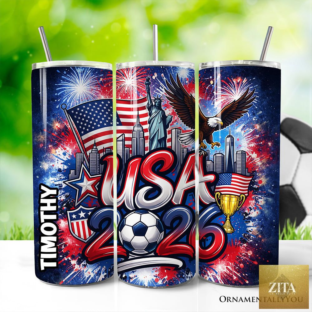 Zita La Belle Elite USA 2026 Soccer Cup 20oz tumbler with lid and stainless steel straw, featuring patriotic soccer championship design.