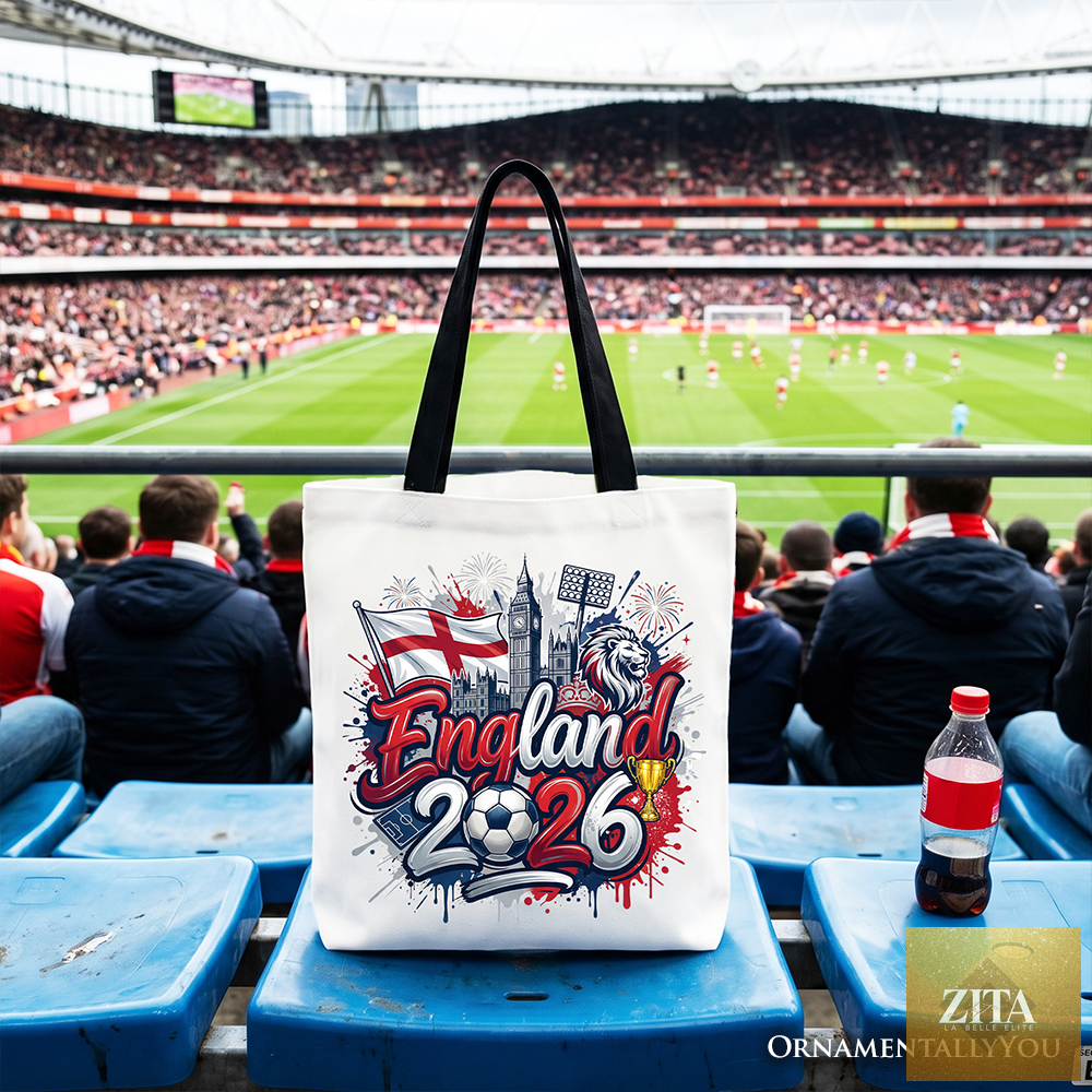 White tote bag with England 2026 Soccer Cup logo, ideal for football fans, by Zita La Belle Elite, perfect for sports events.