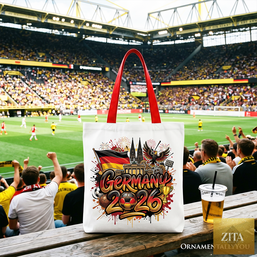 White and red Germany 2026 Soccer Cup tote bag by Zita La Belle Elite, featuring football graphics and championship design.