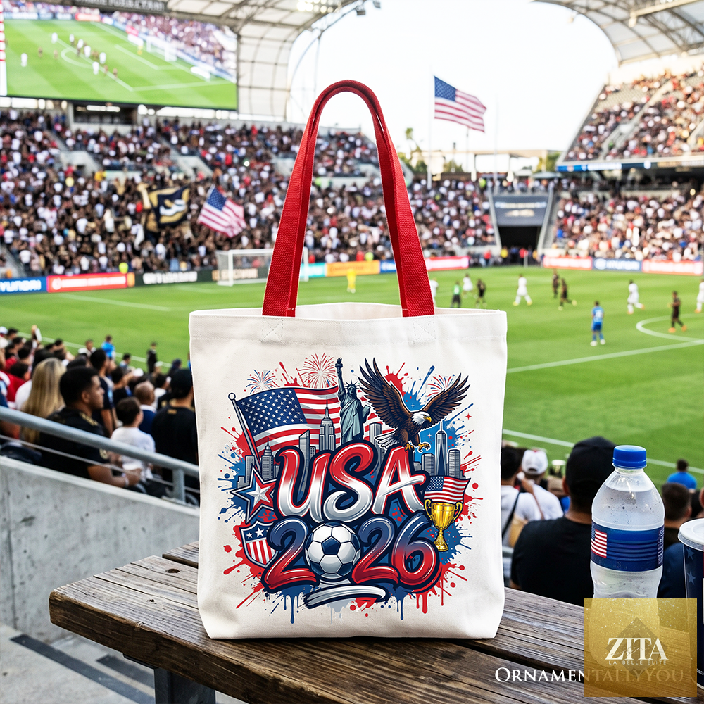 White and red USA 2026 Soccer Cup tote bag by Zita La Belle Elite featuring fans' football design for global championship supporters.
