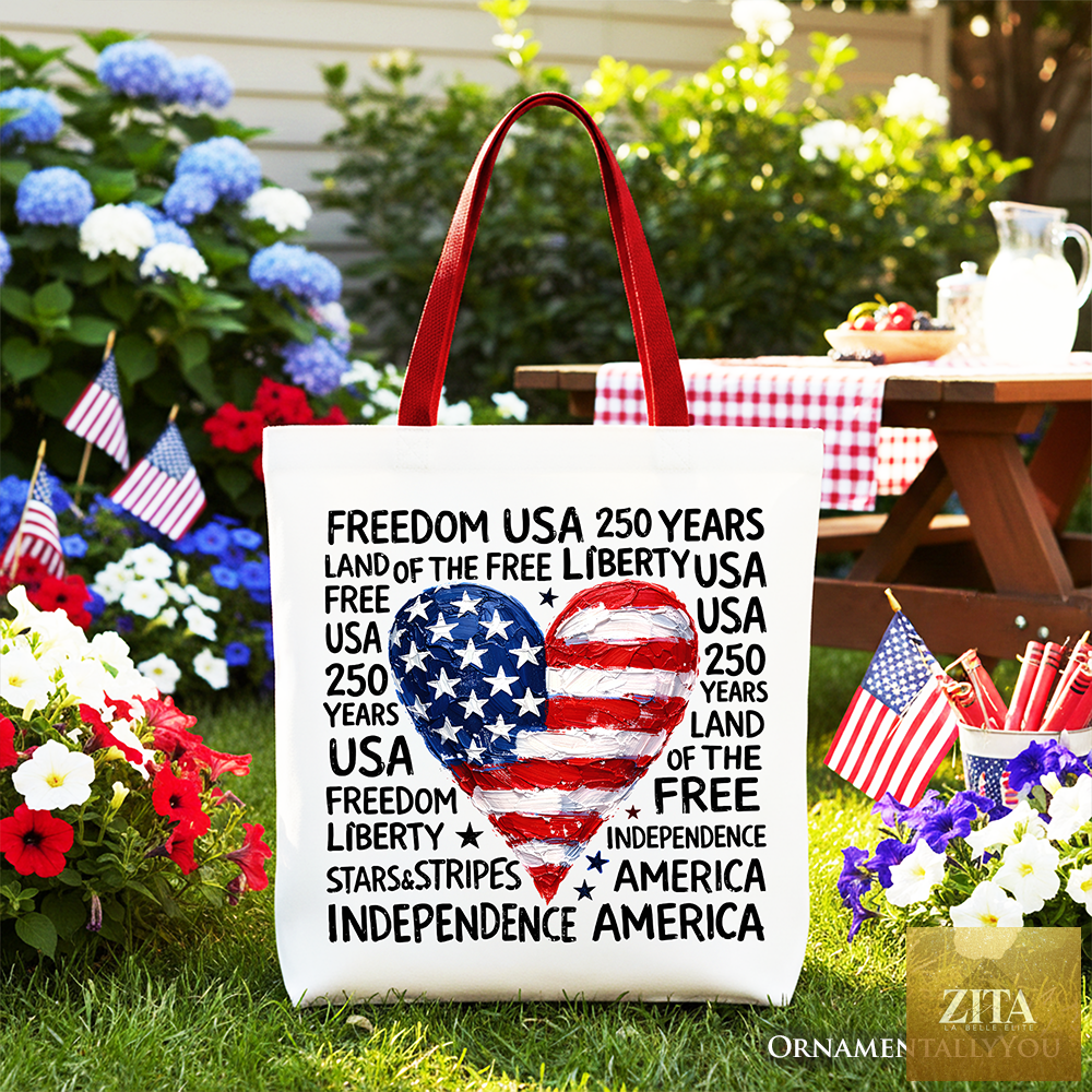 White tote bag featuring red hearts and USA 250 patriotic design, ideal for 4th of July celebrations and gift shopping by OrnamentallyYou.