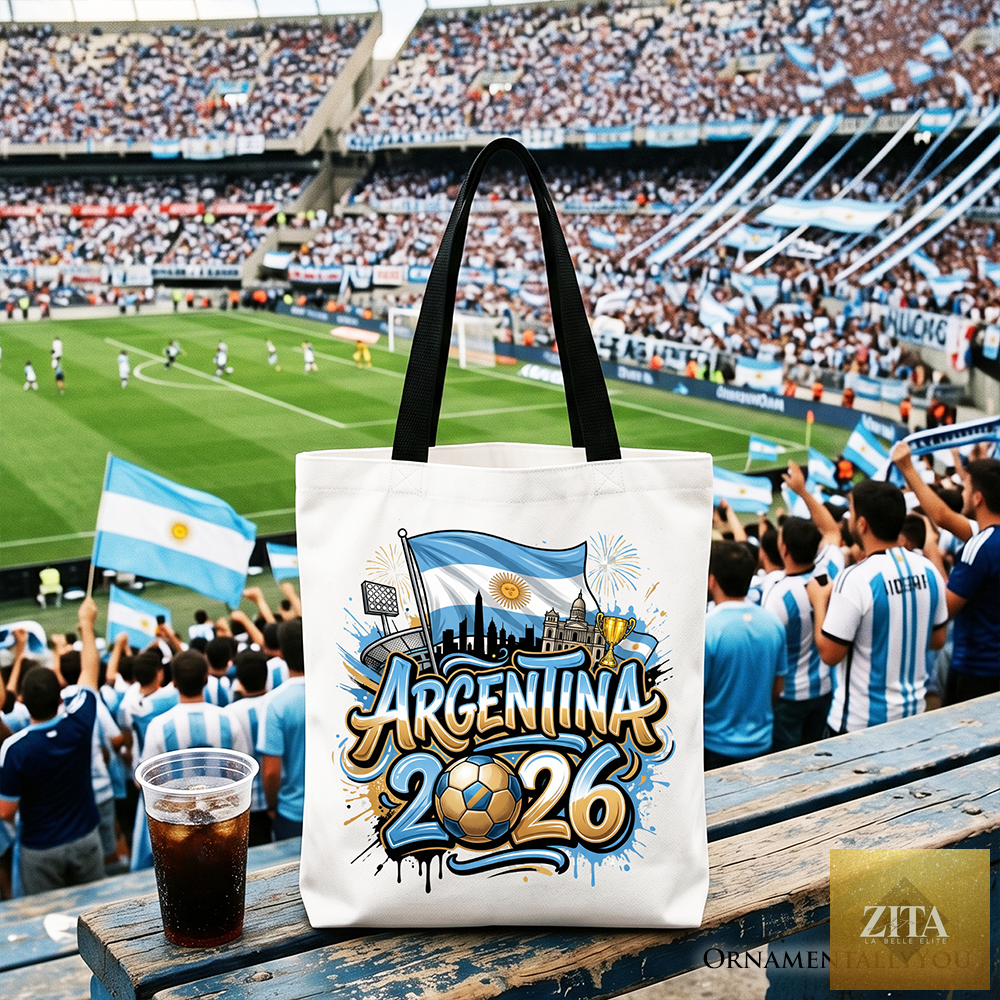 White Argentina 2026 Soccer Cup tote bag by OrnamentallyYou with black accents, featuring football fans and championship design.