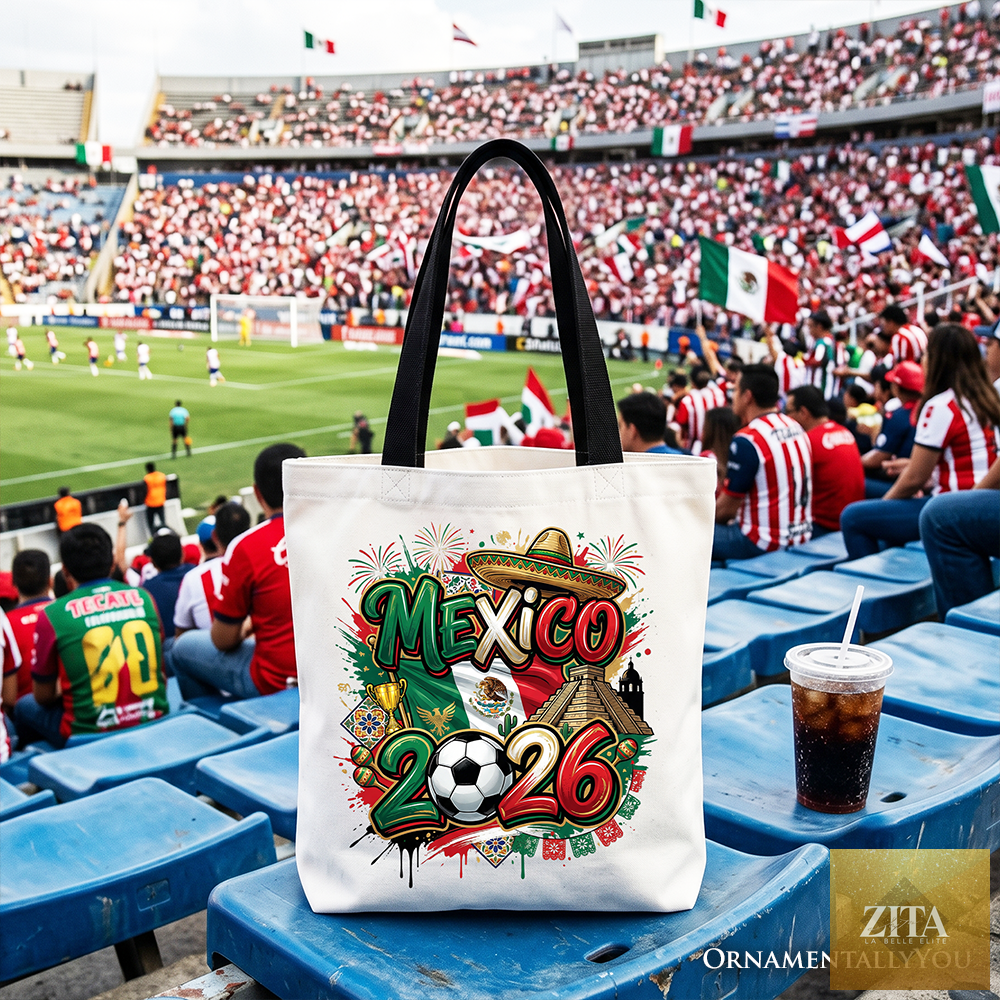 White and black Mexico 2026 Soccer Cup tote bag by Zita La Belle Elite, featuring global championship and football fan design.