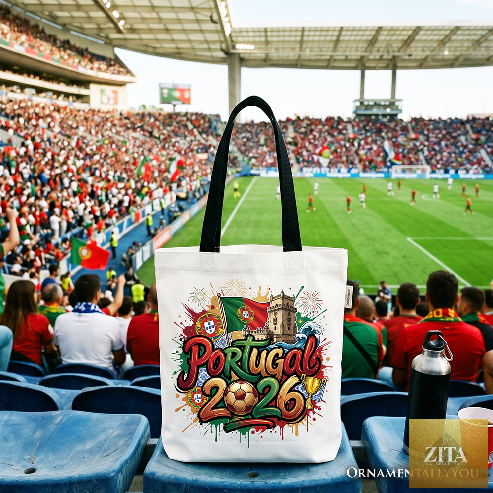 White Portugal 2026 Soccer Cup tote bag by Zita La Belle Elite featuring black accents and global championship design for football fans.