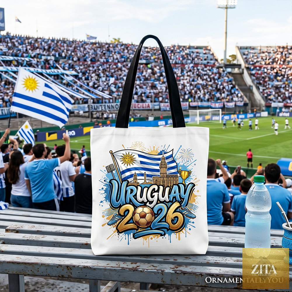 White Uruguay 2026 Soccer Cup tote bag by Zita La Belle Elite featuring team logo, perfect for football fans and shoppers.