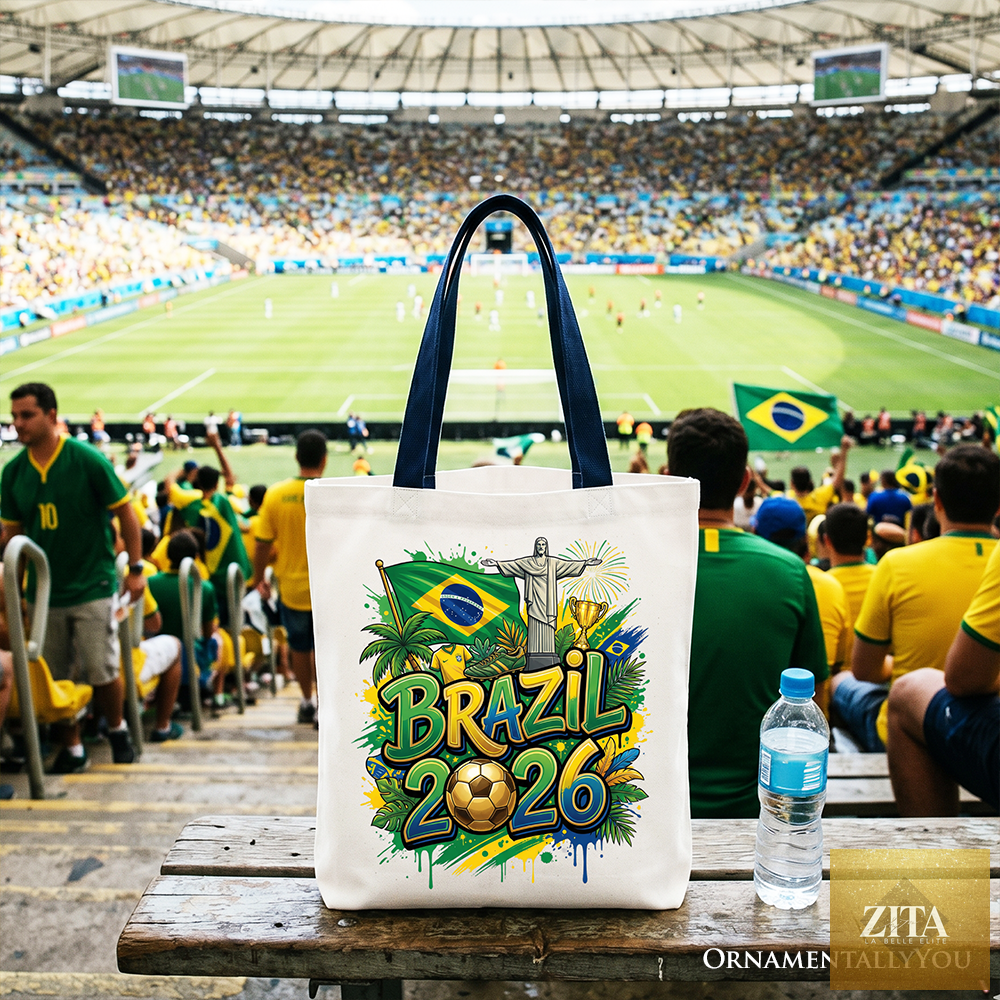 White Brazil 2026 Soccer Cup tote bag by OrnamentallyYou featuring global championship design, perfect for football fans and shoppers.