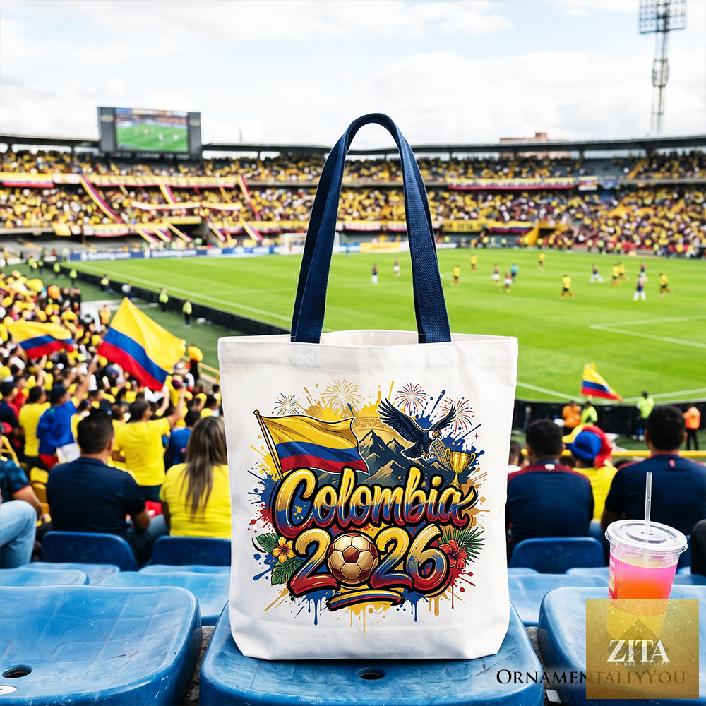 White and navy Colombia 2026 Soccer Cup tote bag by Zita La Belle Elite, featuring global championship graphics for fans and shoppers.
