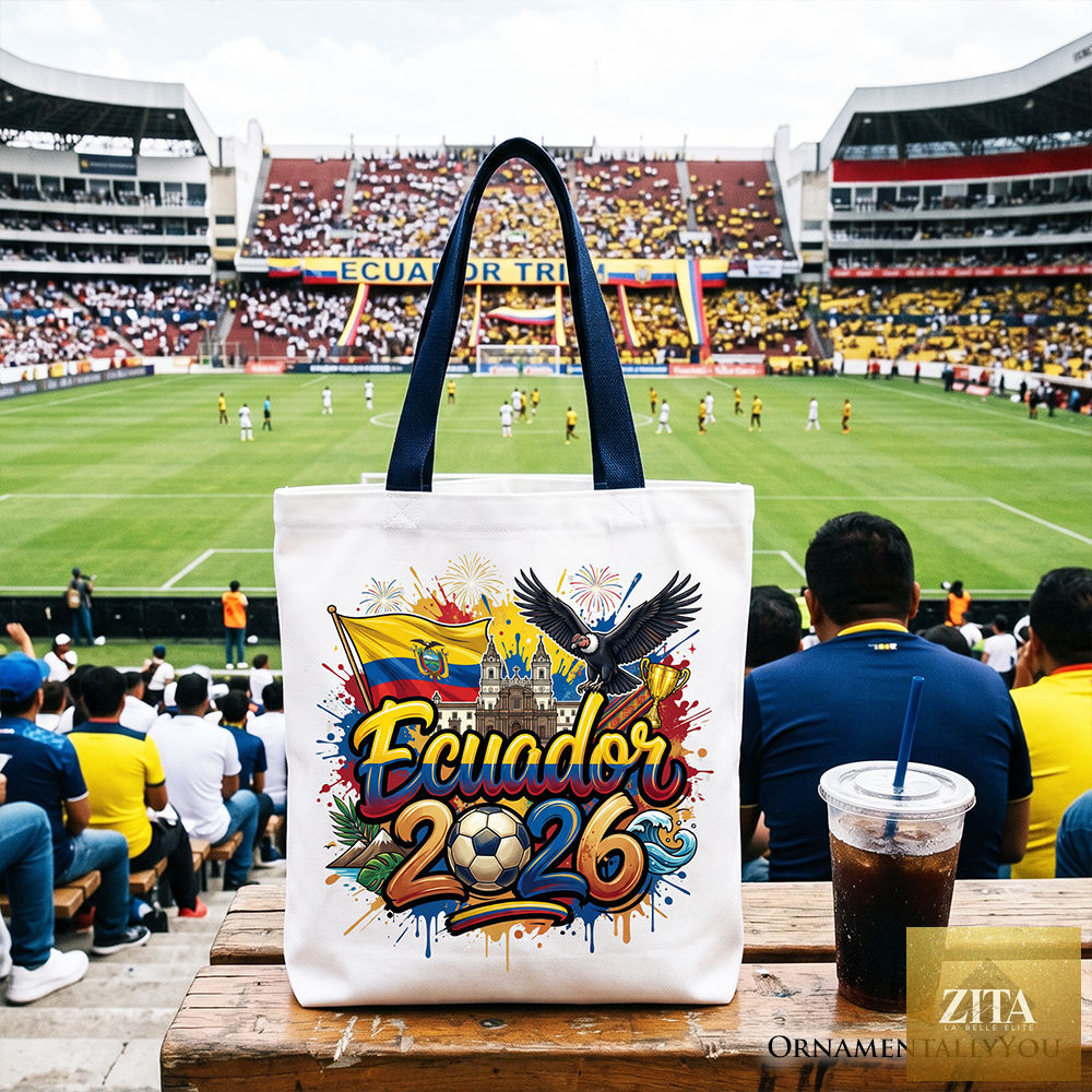 White navy Ecuador 2026 Soccer Cup tote bag by Zita La Belle Elite, featuring global championship graphics for football fans.
