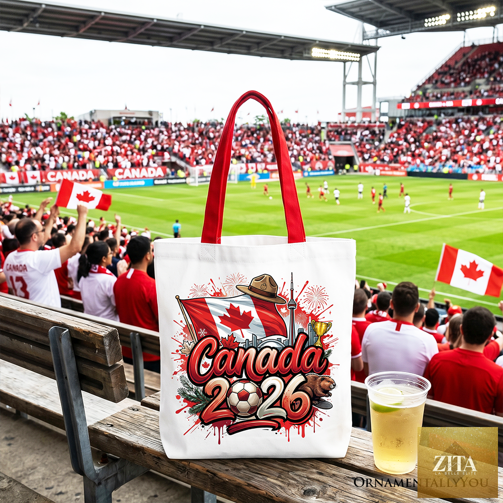White Canada 2026 Soccer Cup tote bag by OrnamentallyYou with red accents, featuring global championship and football-themed design.