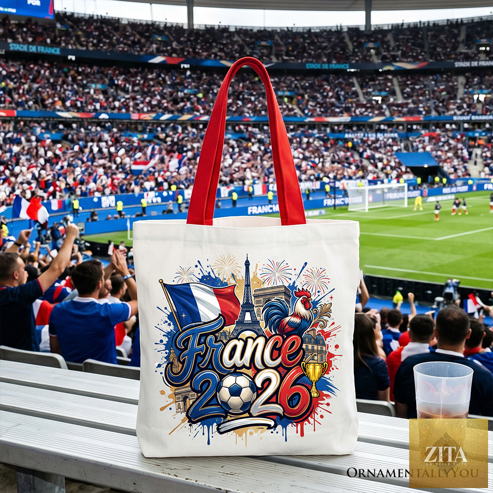 White tote bag by Zita La Belle Elite featuring France 2026 Soccer Cup design, perfect for fans and football gift shoppers.